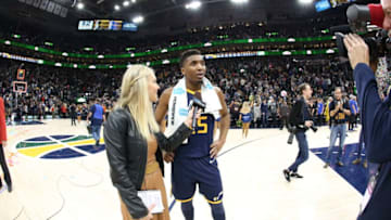 SALT LAKE CITY, UT - DECEMBER 30: Donovan Mitchell #45 of the Utah Jazz speaks to media after game against the Cleveland Cavaliers on December 30, 2017 at Vivint Smart Home Arena in Salt Lake City, Utah. Copyright 2017 NBAE (Photo by Melissa Majchrzak/NBAE via Getty Images)