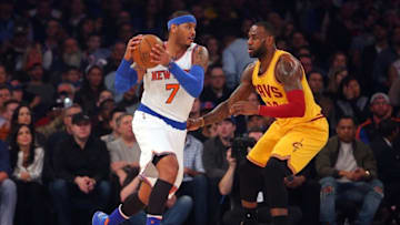 Mar 26, 2016; New York, NY, USA; New York Knicks small forward Carmelo Anthony (7) controls the ball against Cleveland Cavaliers small forward LeBron James (23) during the first quarter at Madison Square Garden. Mandatory Credit: Brad Penner-USA TODAY Sports