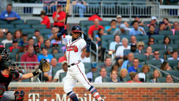 ATLANTA, GA - AUGUST 15: Ronald Acuna Jr. #13 of the Atlanta Braves is hit by the first pitch of the game against the Miami Marlins at SunTrust Park on August 15, 2018 in Atlanta, Georgia. (Photo by Daniel Shirey/Getty Images)