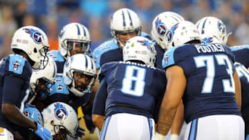 Sep 3, 2015; Nashville, TN, USA; Tennessee Titans quarterback Marcus Mariota (8) talks in the huddle during the first half against the Minnesota Vikings at Nissan Stadium. Mandatory Credit: Christopher Hanewinckel-USA TODAY Sports
