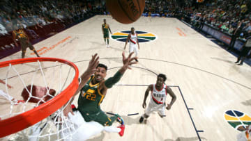 SALT LAKE CITY, UT - DECEMBER 25: Thabo Sefolosha #22 of the Utah Jazz shoots the ball against the Portland Trail Blazers on December 25, 2018 at vivint.SmartHome Arena in Salt Lake City, Utah. NOTE TO USER: User expressly acknowledges and agrees that, by downloading and or using this Photograph, User is consenting to the terms and conditions of the Getty Images License Agreement. Mandatory Copyright Notice: Copyright 2018 NBAE (Photo by Melissa Majchrzak/NBAE via Getty Images)