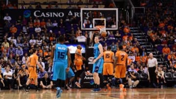 Nov 14, 2014; Phoenix, AZ, USA; Charlotte Hornets center Cody Zeller (40) smiles after scoring against the Phoenix Suns in the second half at US Airways Center. The Hornets won 101-95. Mandatory Credit: Jennifer Stewart-USA TODAY Sports