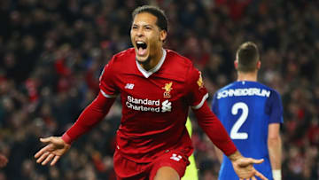 LIVERPOOL, ENGLAND - JANUARY 05: Virgil van Dijk of Liverpool celebrates as he scores their second goal during the Emirates FA Cup Third Round match between Liverpool and Everton at Anfield on January 5, 2018 in Liverpool, England. (Photo by Clive Brunskill/Getty Images)