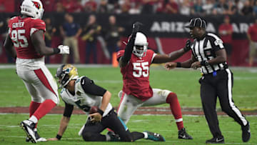 GLENDALE, AZ - NOVEMBER 26: Chandler Jones #55 of the Arizona Cardinals celebrates a sack on Blake Bortles #5 of the Jacksonville Jaguars in the first half at University of Phoenix Stadium on November 26, 2017 in Glendale, Arizona. (Photo by Norm Hall/Getty Images)
