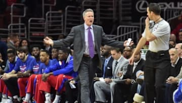 Jan 10, 2015; Philadelphia, PA, USA; Philadelphia 76ers head coach Brett Brown argues a call during the first quarter against the Indiana Pacers at the Wells Fargo Center. Mandatory Credit: John Geliebter-USA TODAY Sports