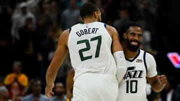 SALT LAKE CITY, UT - NOVEMBER 12: Mike Conley #10 of the Utah Jazz celebrates a play with teammate Rudy Gobert #27 during a game at Vivint Smart Home Arena on November 12, 2019 in Salt Lake City, Utah. NOTE TO USER: User expressly acknowledges and agrees that, by downloading and/or using this photograph, user is consenting to the terms and conditions of the Getty Images License Agreement. (Photo by Alex Goodlett/Getty Images)