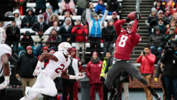 PULLMAN, WA - NOVEMBER 04: Tavares Martin Jr. #8 of the Washington State Cougars scores a touchdown against the Stanford Cardinal at Martin Stadium on November 4, 2017 in Pullman, Washington. (Photo by William Mancebo/Getty Images)
