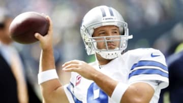 Oct 12, 2014; Seattle, WA, USA; Dallas Cowboys quarterback Tony Romo (9) participates in pre game warmups against the Seattle Seahawks at CenturyLink Field. Mandatory Credit: Joe Nicholson-USA TODAY Sports