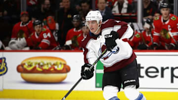 CHICAGO, IL - MARCH 06: Tyson Barrie #4 of the Colorado Avalanche controls the puck against the Chicago Blackhawks at the United Center on March 6, 2018 in Chicago, Illinois. The Blackhawks defeated the Avalanche 2-1 in overtime. (Photo by Jonathan Daniel/Getty Images)
