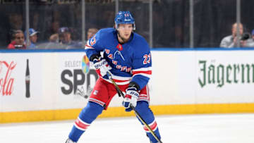 NEW YORK, NY - MARCH 20: Ryan Spooner #23 of the New York Rangers skates with the puck against the Columbus Blue Jackets at Madison Square Garden on March 20, 2018 in New York City. The Columbus Blue Jackets won 5-3. (Photo by Jared Silber/NHLI via Getty Images) *** Local Caption *** Ryan Spooner