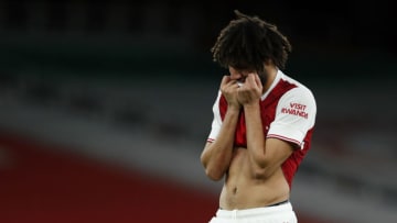 LONDON, ENGLAND - DECEMBER 26: Mohamed Elneny of Arsenal reacts after a missed chance during the Premier League match between Arsenal and Chelsea at Emirates Stadium on December 26, 2020 in London, England. The match will be played without fans, behind closed doors as a Covid-19 precaution. (Photo by Andrew Boyers - Pool/Getty Images)