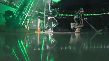 Mar 15, 2016; Dallas, TX, USA; Dallas Stars goalie Kari Lehtonen (32) and defenseman Alex Goligoski (33) take the ice to face the Los Angeles Kings at the American Airlines Center. Mandatory Credit: Jerome Miron-USA TODAY Sports