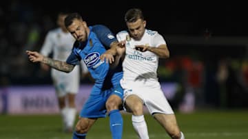 FUENLABRADA, SPAIN - OCTOBER 26: Borja Mayoral of Real Madrid competes for the ball with Mikel Iribas of Fuenlabrada during the Copa del Rey round of 32 first leg match between Fuenlabrada and Real Madrid CF at Estadio Fernando Torres on October 26, 2017 in Fuenlabrada, near Madrid, Spain. (Photo by Angel Martinez/Real Madrid via Getty Images)