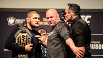 Khabib Nurmagomedov and Tony Ferguson face-off at the UFC 249 presser in Las Vegas (photo by Amy Kaplan/FanSided)
