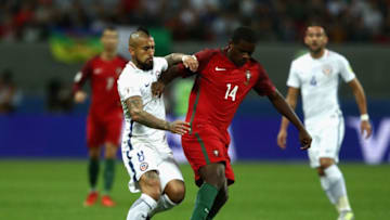 KAZAN, RUSSIA - JUNE 28: Arturo Vidal of Chile and William Carvalho of Portugal battle for possession during the FIFA Confederations Cup Russia 2017 Semi-Final between Portugal and Chile at Kazan Arena on June 28, 2017 in Kazan, Russia. (Photo by Francois Nel/Getty Images)