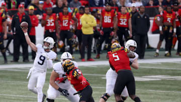 COLLEGE PARK, MD - NOVEMBER 25: Quarterback Trace McSorley #9 of the Penn State Nittany Lions throws a first quarter pass against the Maryland Terrapins at Capital One Field on November 25, 2017 in College Park, Maryland. (Photo by Rob Carr/Getty Images)