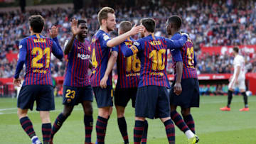 SEVILLA, SPAIN - FEBRUARY 23: Lionel Messi of FC Barcelona celebrates 2-3 with Carles Alena of FC Barcelona, Samuel Umtiti of FC Barcelona, Ivan Rakitic of FC Barcelona, Ousmane Dembele of FC Barcelona during the La Liga Santander match between Sevilla v FC Barcelona at the Estadio Ramon Sanchez Pizjuan on February 23, 2019 in Sevilla Spain (Photo by Eric Verhoeven/Soccrates/Getty Images)