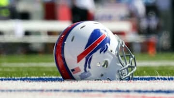 Sept. 16, 2012; Orchard Park, NY, USA; A general view of a helmet used by the Buffalo Bills players before a game against the Kansas City Chiefs at Ralph Wilson Stadium. Mandatory Credit: Timothy T. Ludwig-USA TODAY Sports