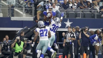 Sep 11, 2016; Arlington, TX, USA; New York Giants wide receiver Sterling Shepard (87) catches a touchdown against Dallas Cowboys cornerback Anthony Brown (30) in the second quarter at AT&T Stadium. Mandatory Credit: Tim Heitman-USA TODAY Sports