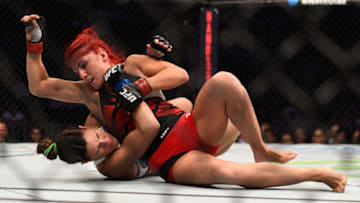 LAS VEGAS, NV - AUGUST 20: Randa Markos of Iraq fights Cortney Casey in their women's strawweight bout during the UFC 202 event at T-Mobile Arena on August 20, 2016 in Las Vegas, Nevada. (Photo by Jeff Bottari/Zuffa LLC/Zuffa LLC via Getty Images)