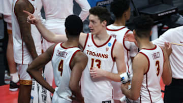 Mar 20, 2021; Indianapolis, Indiana, USA; Southern California Trojans guard Drew Peterson (13) gestures after the game against the Drake Bulldogs in the first round of the 2021 NCAA Tournament at Bankers Life Fieldhouse. Mandatory Credit: Trevor Ruszkowski-USA TODAY Sports
