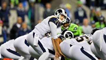 SEATTLE, WASHINGTON - OCTOBER 03: Jared Goff #16 of the Los Angeles Rams gets set during the game against the Seattle Seahawks at CenturyLink Field on October 03, 2019 in Seattle, Washington. The Seattle Seahawks top the Los Angeles Rams 30-29. (Photo by Alika Jenner/Getty Images)