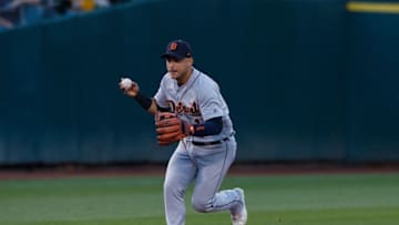 OAKLAND, CA - AUGUST 04: Jose Iglesias #1 of the Detroit Tigers throws to first base against the Oakland Athletics during the sixth inning at the Oakland Coliseum on August 4, 2018 in Oakland, California. The Oakland Athletics defeated the Detroit Tigers 2-1. (Photo by Jason O. Watson/Getty Images)