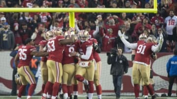 January 3, 2016; Santa Clara, CA, USA; San Francisco 49ers kicker Phil Dawson (9) is congratulated after kicking the game-winning field goal during overtime against the St. Louis Rams at Levi