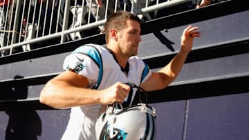 FOXBORO, MA - OCTOBER 01: Graham Gano #9 of the Carolina Panthers runs off the field after kicking a 48-yard field goal during the fourth quarter to defeat the New England Patriots 33-30 at Gillette Stadium on October 1, 2017 in Foxboro, Massachusetts. (Photo by Jim Rogash/Getty Images)