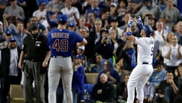LOS ANGELES, CA - OCTOBER 18: Yasmani Grandal #9 of the Los Angeles Dodgers celebrates as he hits a two-run home run in the fourth inning against the Chicago Cubs in game three of the National League Championship Series at Dodger Stadium on October 18, 2016 in Los Angeles, California. (Photo by Jeff Gross/Getty Images)
