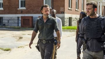 Andrew Lincoln as Rick Grimes, Lennie James as Morgan Jones, Danai Gurira as Michonne, Karl Makinen as Richard - The Walking Dead _ Season 7, Episode 9 - Photo Credit: Gene Page/AMC