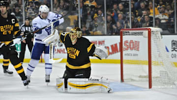 BOSTON, MA - DECEMBER 10: Boston Bruins Goalie Tuukka Rask (40) deflects the puck over the net. During the Boston Bruins game against the Toronto Maple Leafs on December 10, 2016 at TD Bank Garden in Boston, MA. (Photo by Michael Tureski/Icon Sportswire via Getty Images)