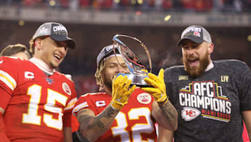 KANSAS CITY, MO - JANUARY 19: Kansas City Chiefs quarterback Patrick Mahomes (15), strong safety Tyrann Mathieu (32) and tight end Travis Kelce (87) with the Lamar Hunt Trophy after the AFC Championship game between the Tennessee Titans and Kansas City Chiefs on January 19, 2020 at Arrowhead Stadium in Kansas City, MO. (Photo by Scott Winters/Icon Sportswire via Getty Images)