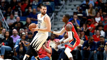 NEW ORLEANS, LA - APRIL 04: Marc Gasol #33 of the Memphis Grizzlies is defended by Cheick Diallo #13 of the New Orleans Pelicans during the first half of a NBA game at the Smoothie King Center on April 4, 2018 in New Orleans, Louisiana. NOTE TO USER: User expressly acknowledges and agrees that, by downloading and or using this photograph, User is consenting to the terms and conditions of the Getty Images License Agreement. (Photo by Sean Gardner/Getty Images)