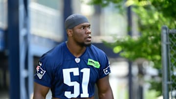 Jul 26, 2023; Foxborough, MA, USA; New England Patriots defensive end Keion White (51) makes his way to the practice fields for training camp at Gillette Stadium. Mandatory Credit: Eric Canha-USA TODAY Sports