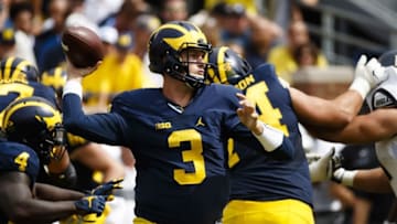 Sep 10, 2016; Ann Arbor, MI, USA; Michigan Wolverines quarterback Wilton Speight (3) passes in the second half against the UCF Knights at Michigan Stadium. Michigan won 51-14. Mandatory Credit: Rick Osentoski-USA TODAY Sports