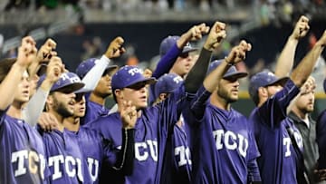 Jun 19, 2015; Omaha, NE, USA; The TCU Horned Frogs acknowledge their fans after the defeat against against the Vanderbilt Commodores in the 2015 College World Series at TD Ameritrade Park. Vanderbilt defeated TCU 7-1. Mandatory Credit: Steven Branscombe-USA TODAY Sports