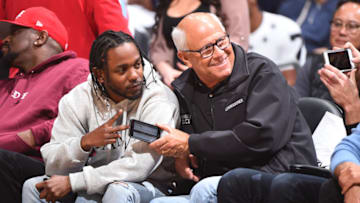 LOS ANGELES, CA - APRIL 25: Rapper, Kendrick Lamar and LAPD Commissioner, Steve Soboroff pose for a photo during Game Five of the Western Conference Quarterfinals between the Utah Jazz and the LA Clippers during the 2017 NBA Playoffs on April 25, 2017 at STAPLES Center in Los Angeles, California. NOTE TO USER: User expressly acknowledges and agrees that, by downloading and/or using this Photograph, user is consenting to the terms and conditions of the Getty Images License Agreement. Mandatory Copyright Notice: Copyright 2017 NBAE (Photo by Andrew D. Bernstein/NBAE via Getty Images)