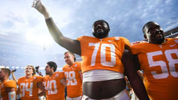 Tennessee offensive lineman RJ Perry (79) celebrates after the second half of a game between the Tennessee Vols and Florida Gators, in Neyland Stadium, Saturday, Sept. 24, 2022. Tennessee defeated Florida 38-33.Utvsflorida0924 02613