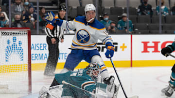 Nov 2, 2021; San Jose, California, USA; San Jose Sharks goaltender James Reimer (47) defends against Buffalo Sabres left wing John Hayden (15) during the third period at SAP Center at San Jose. Mandatory Credit: Stan Szeto-USA TODAY Sports