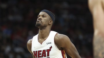 Miami Heat forward Jimmy Butler (22) reacts during the fourth quarter against the Houston Rockets(Troy Taormina-USA TODAY Sports)