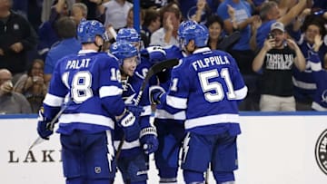 Oct 13, 2016; Tampa, FL, USA; Tampa Bay Lightning center Tyler Johnson (9) is congratulated after he scored a goal against Detroit Red Wings during the third period at Amalie Arena. Tampa Bay Lightning defeated the Detroit Red Wings 6-4. Mandatory Credit: Kim Klement-USA TODAY Sports