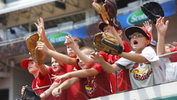 Aug 4, 2016; Cincinnati, OH, USA; Young fans wait for a ball during a game with the St. Louis Cardinals and the Cincinnati Red at Great American Ball Park. The Reds won 7-0. Mandatory Credit: David Kohl-USA TODAY Sports