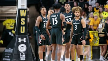 Cincinnati Bearcats huddle during a break in play against Wichita State. USA Today.