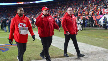 DENVER, COLORADO - JANUARY 08: Kansas City Chiefs head coach Andy Reid exits the field after defeating the Denver Broncos 28-24 at Empower Field At Mile High on January 08, 2022 in Denver, Colorado. (Photo by Dustin Bradford/Getty Images)