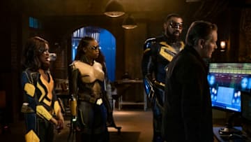 Black Lightning -- "The Book of Markovia: Chapter Two" -- Image Number: BLK311A_0467r.jpg -- Pictured (L-R): China Anne McClain as Lightning, Nafessa Williams as Thunder, Cress Williams as Black Lightning and James Remar as Gambi -- Photo: Steve Dietl/The CW -- © 2020 The CW Network, LLC. All rights reserved.
