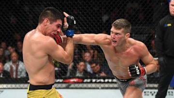 NEW YORK, NEW YORK - NOVEMBER 02: (R-L) Stephen Thompson punches Vicente Luque of Brazil in their welterweight bout during the UFC 244 event at Madison Square Garden on November 02, 2019 in New York City. (Photo by Josh Hedges/Zuffa LLC via Getty Images)