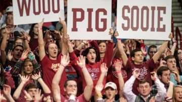 Jan 28, 2014; Fayetteville, AR, USA; Arkansas Razorbacks fans cheer during a game against the Missouri Tigers at Bud Walton Arena. Missouri defeated Arkansas 75-71. Mandatory Credit: Beth Hall-USA TODAY Sports