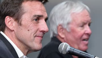 LAS VEGAS, NV - JULY 13: George McPhee (L) listens as majority owner of the Las Vegas NHL franchise Bill Foley speaks after announcing McPhee as the team's general manager during a news conference at T-Mobile Arena on July 13, 2016 in Las Vegas, Nevada. (Photo by Ethan Miller/Getty Images)