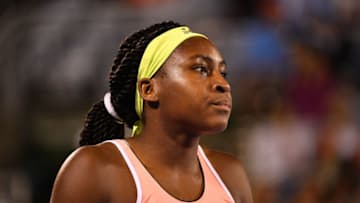 DELRAY BEACH, FLORIDA - FEBRUARY 15: Coco Gauff in action against Estela Perez-Somarriba during the Delray Beach Open Exhibition at the Delray Beach Stadium & Tennis Center on February 15, 2020 in Delray Beach, Florida. (Photo by Mark Brown/Getty Images)